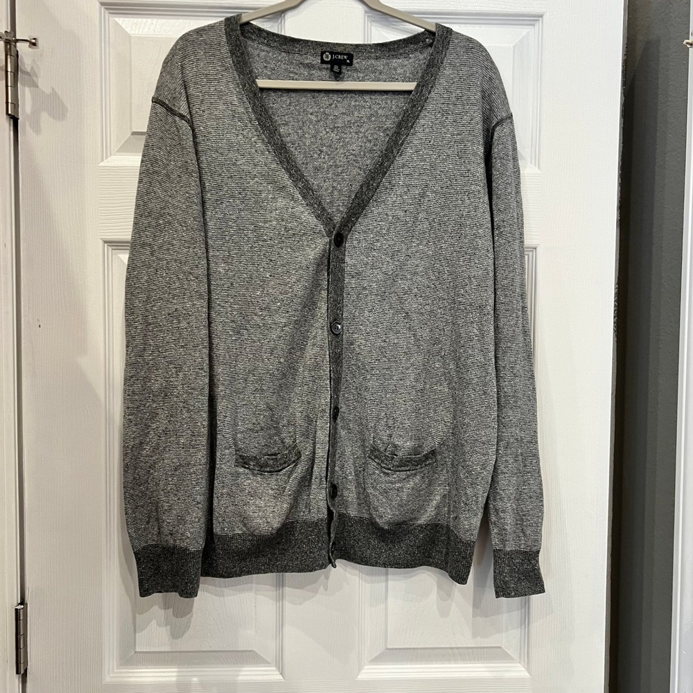 J.Crew Cardigan Linen Cotton Grey Marled V-Neck Classic Preppy Grandpacore XL
